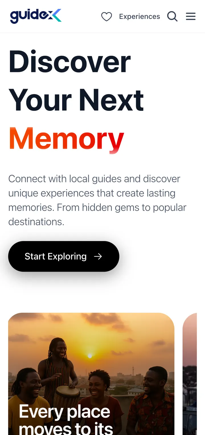GuideX home screen: Discover your next memory, with a Start exploring button and hosted experiences in Ghana.